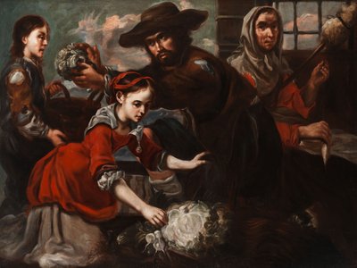 Scène de marché avec une jeune vendeuse de choux et une vieille fileuse - Bernhard Keil